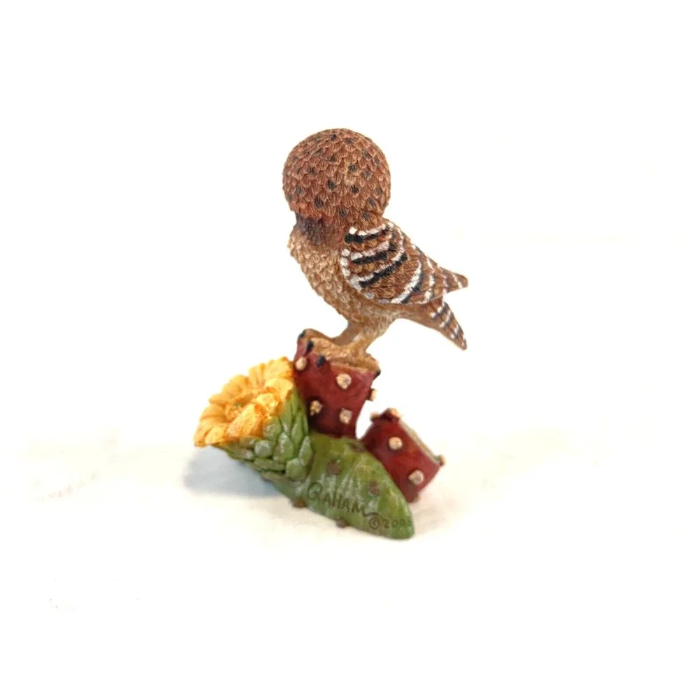 Owl Figurine on Prickly Pear Cactus Resin Signed Artist Qaham 2008 Mini 3